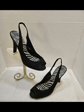 FIONI Clothing Black Open-Toe Slingback Heels with Zebra Insole
